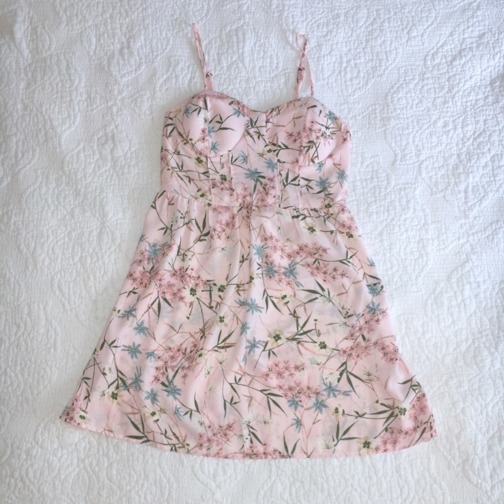 Pink floral dress.